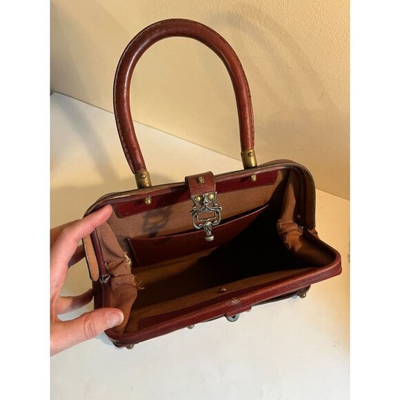 VIntage Etienne Aigner Leather Frame Bag Studded Red Cognac 1960s - Picture 8 of 12